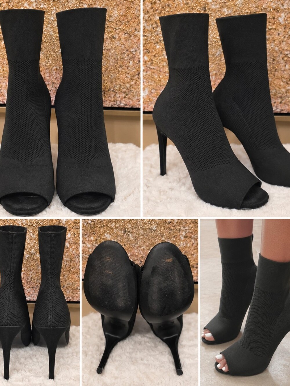 Black Steve Madden Peep-Toe Knit Sock Booties - Women Accessories